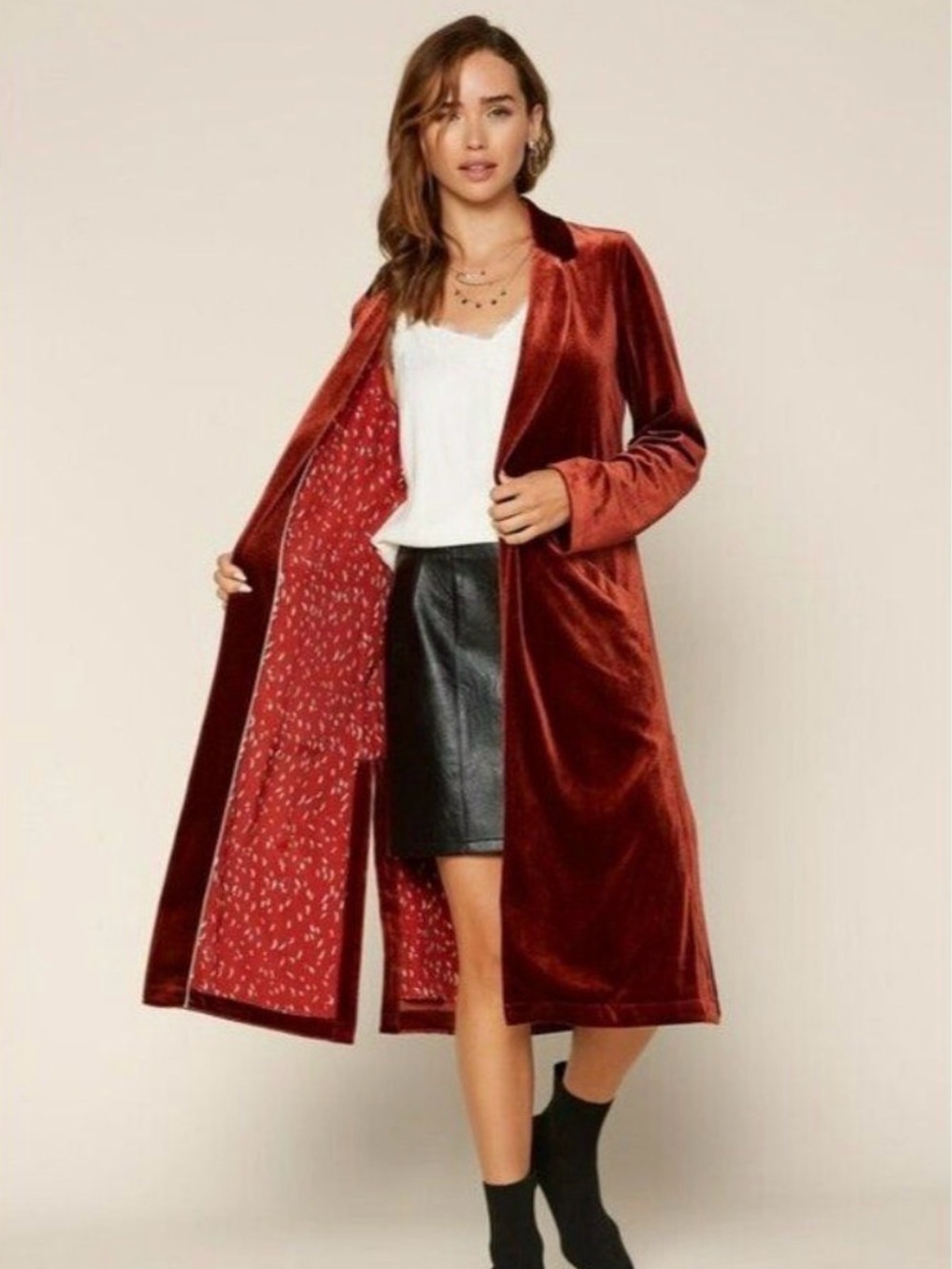 Beautiful Rust Velvety Duster Coat with Inside Floral Print M Skies Are Blue